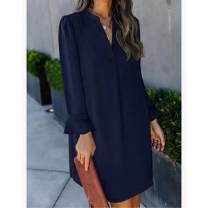 NEW Blue Midi V Neck Casual Loose Long sleeve Dress L